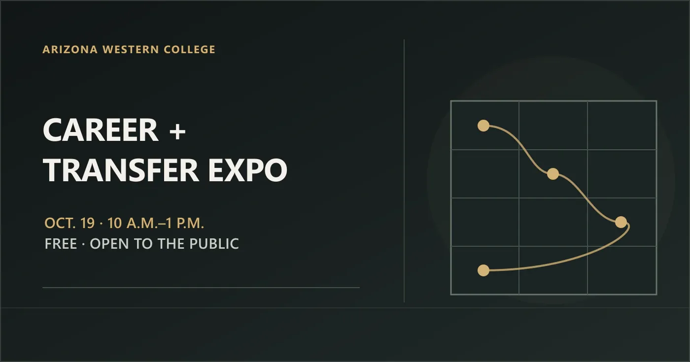 Dark editorial graphic reading “Career + Transfer Expo,” “Oct. 19 · 10 a.m.–1 p.m.” and “Free · Open to the Public,” with a simple campus-event grid motif.