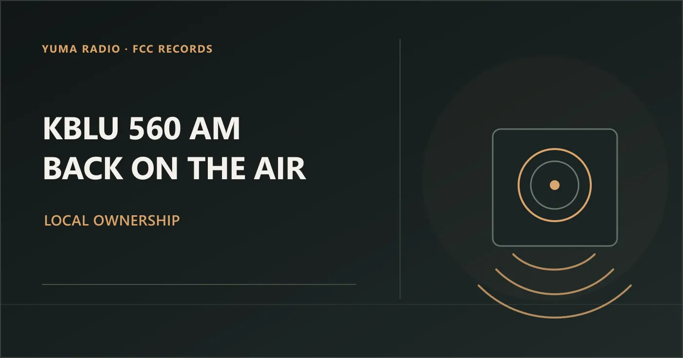 Dark editorial graphic reading “KBLU 560 AM,” “Back on the Air” and “Local Ownership,” with restrained broadcast-wave arcs.