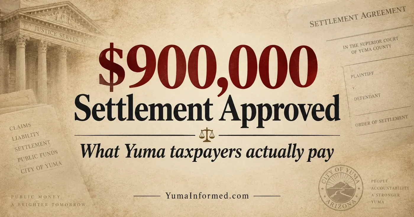 Vintage legal-paper graphic announcing Yuma's approved $900,000 settlement, with courthouse imagery and references to taxpayer costs.