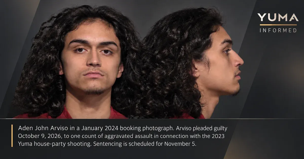 Yuma Informed editorial graphic with front and profile portraits labeled Aden John Arviso and text about his reported aggravated-assault plea and November 5 sentencing.