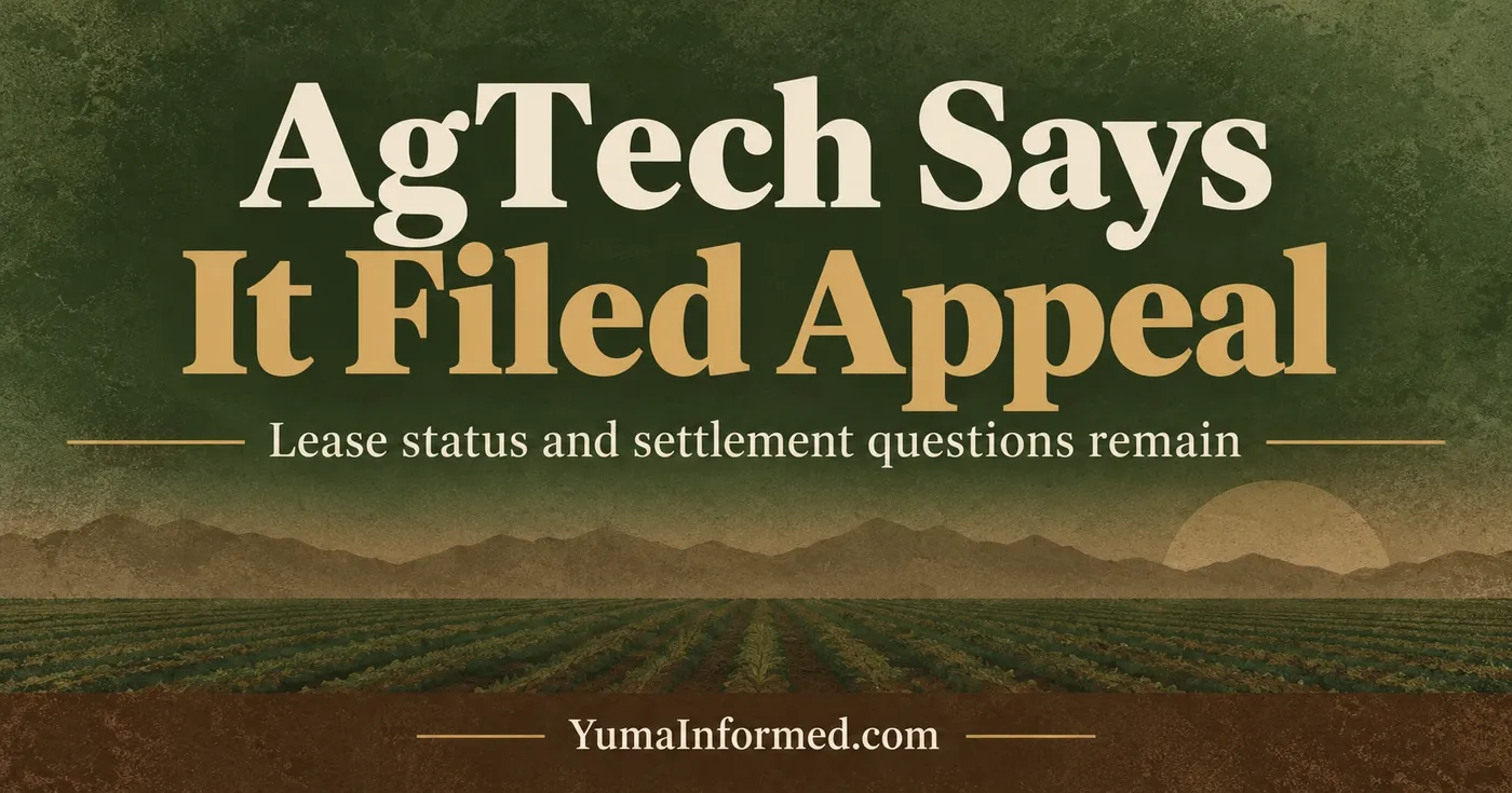 Olive-green textured agricultural graphic reading AgTech Says It Filed Appeal, with desert farmland and mountains beneath the headline.
