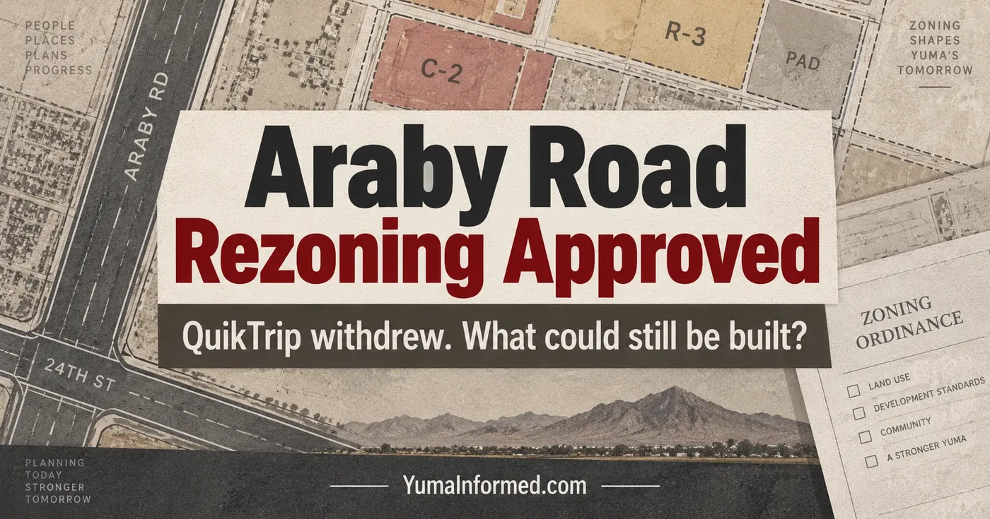 Textured zoning-map graphic announcing Araby Road commercial rezoning approval, with parcel maps, road markings and planning-document details.