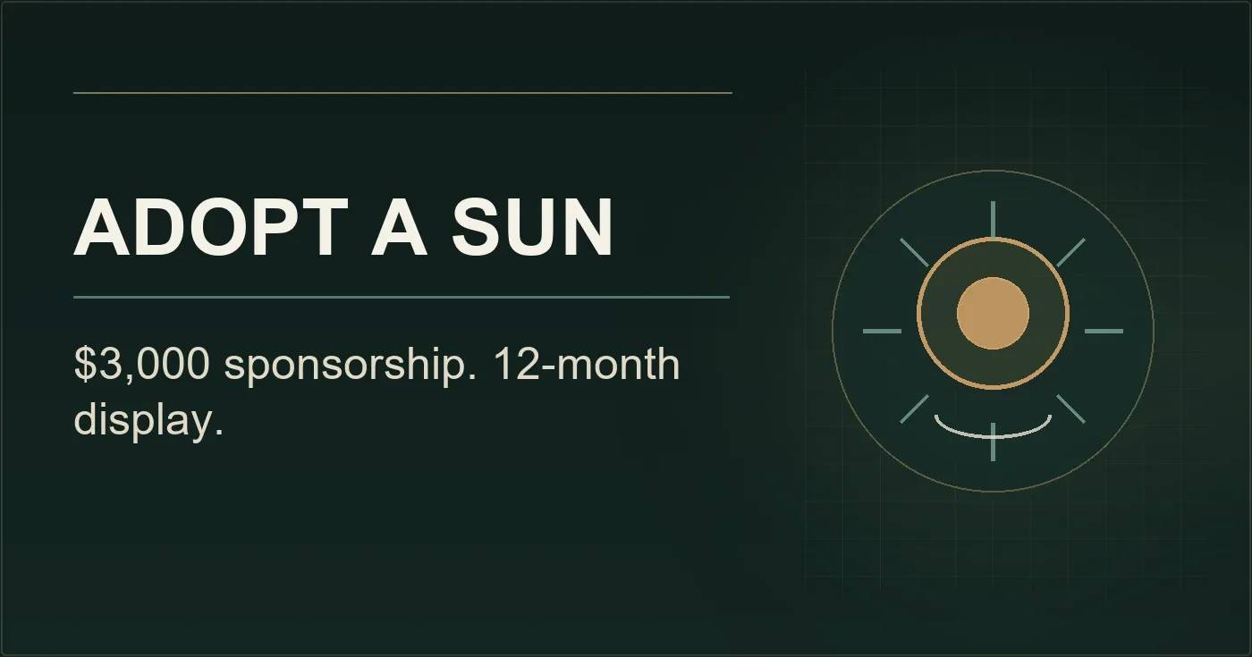 Editorial graphic reading “ADOPT A SUN” and “$3,000 sponsorship. 12-month display.”, with an abstract sun motif. It does not depict a specific Yuma site or event.