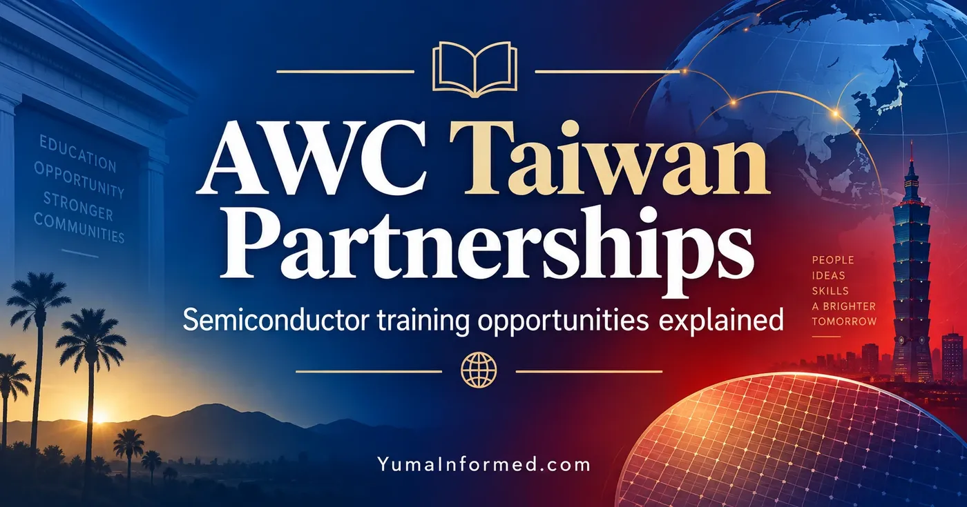 Blue and red international-education graphic featuring AWC Taiwan Partnerships, a globe, semiconductor wafer and university imagery.  
