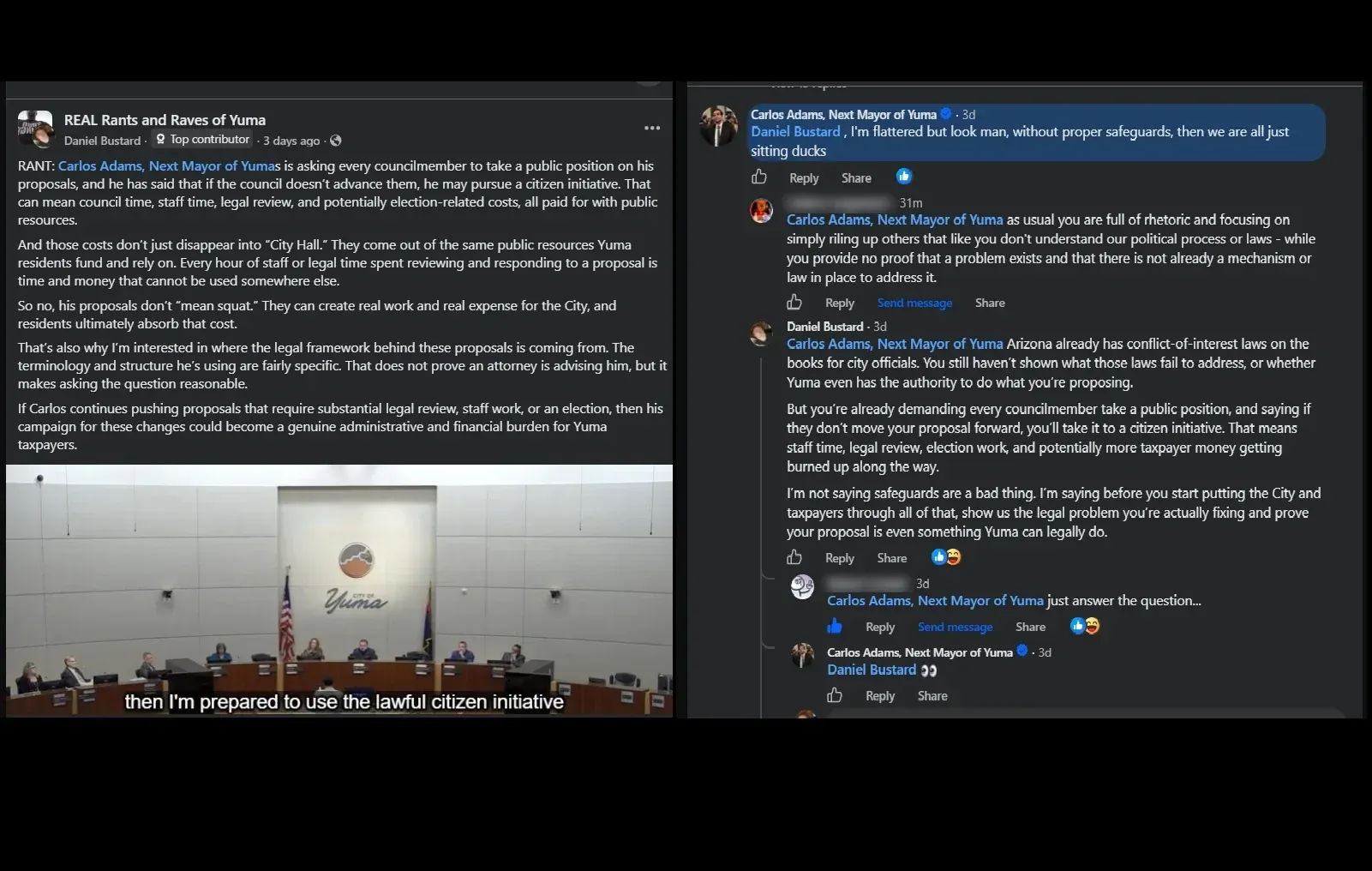 Composite screenshot of a Facebook discussion about Carlos Adams’s Yuma ethics proposal, including questions about legal authority and Adams’s responses.