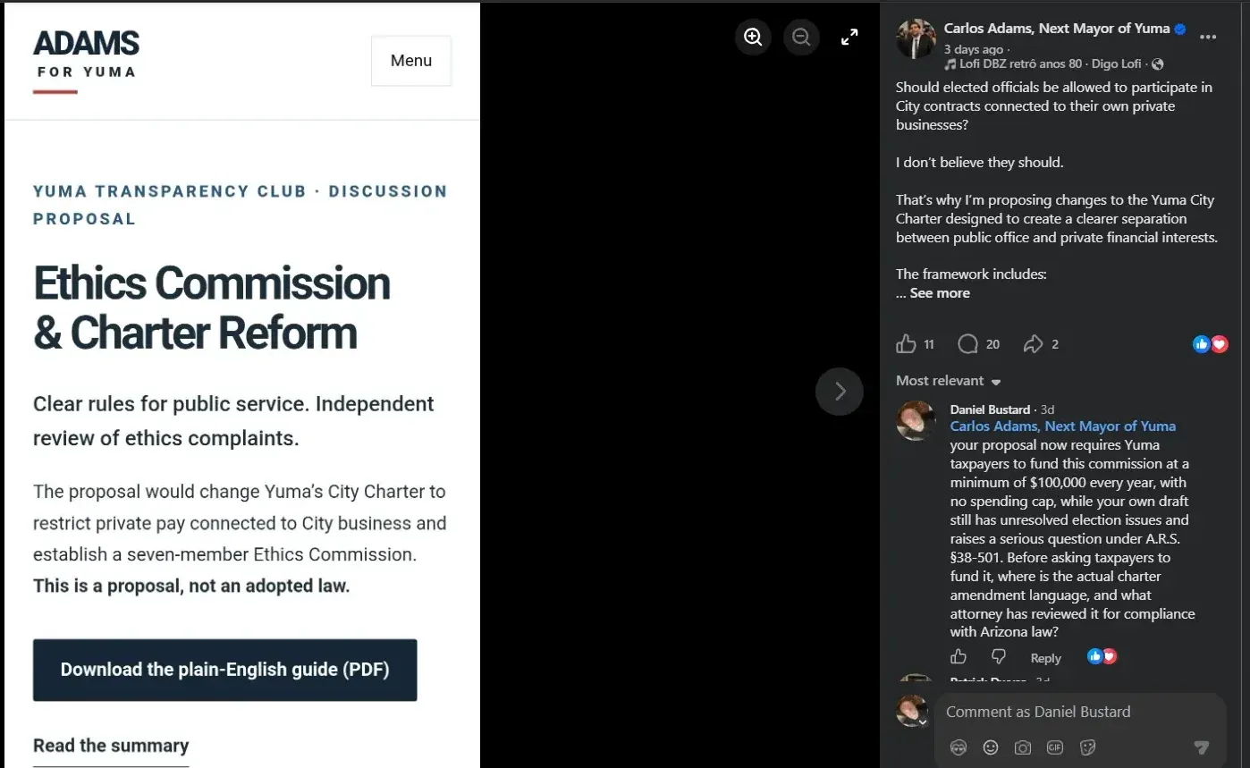 Screenshot of the Adams for Yuma ethics reform page alongside a Facebook comment asking Carlos Adams for the full Charter amendment language and legal review.