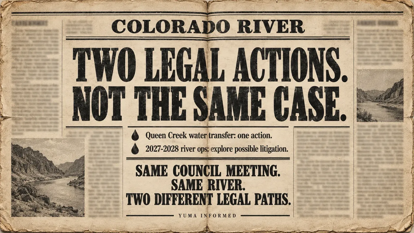 Vintage newspaper graphic reading “Two Legal Actions. Not the Same Case.” about Yuma’s two separate Colorado River legal actions.