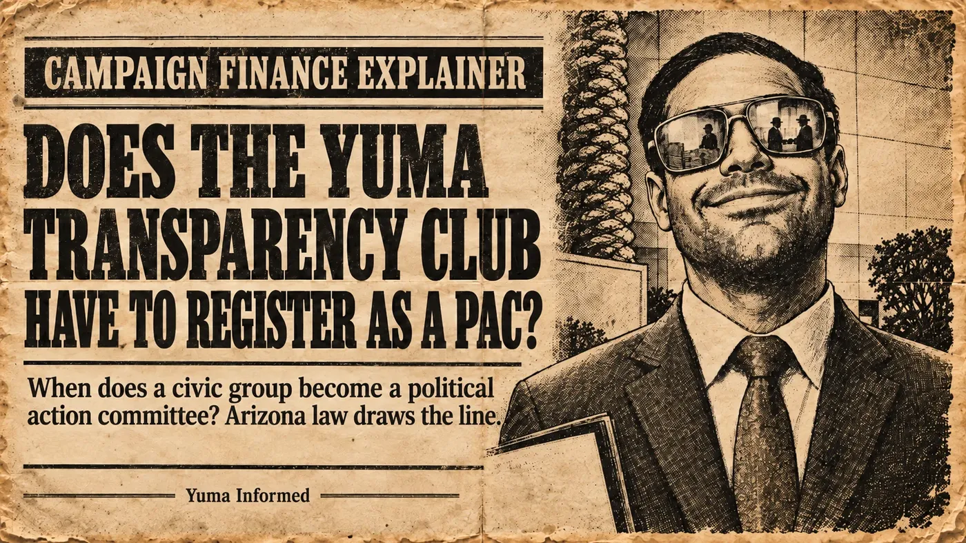 Vintage newspaper-style illustration for Yuma Informed asking whether the Yuma Transparency Club must register as a political action committee.