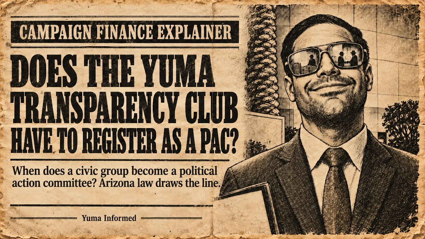Vintage newspaper-style illustration for Yuma Informed asking whether the Yuma Transparency Club must register as a political action committee.