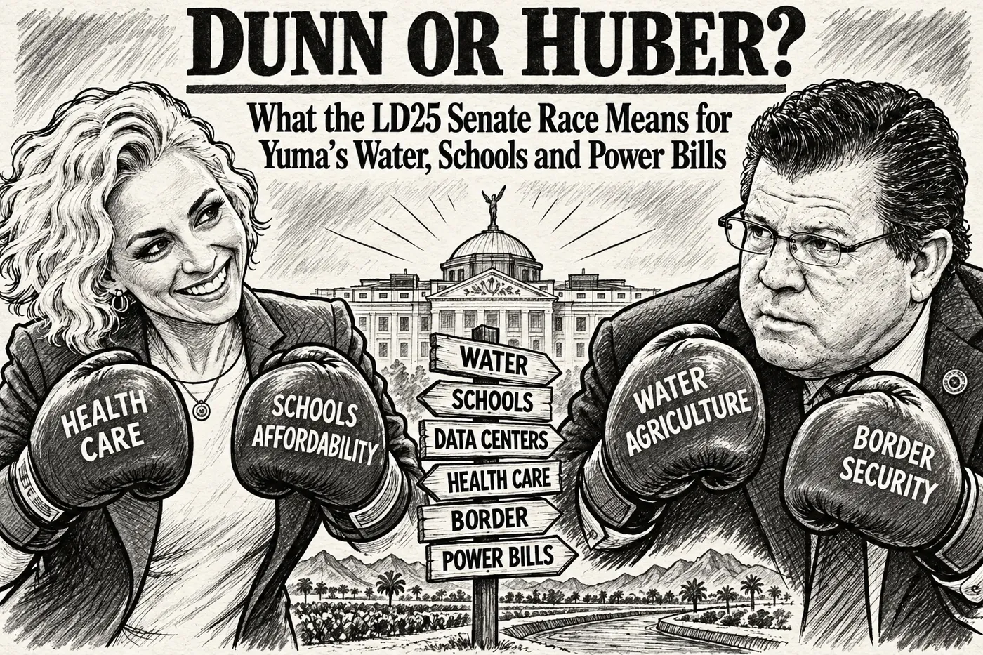 Black-and-white newspaper-style illustration of Arizona Senate candidates Laura Huber and Tim Dunn facing off with boxing gloves. Political issues including water, schools, health care, border security, data centers and power bills appear between them.