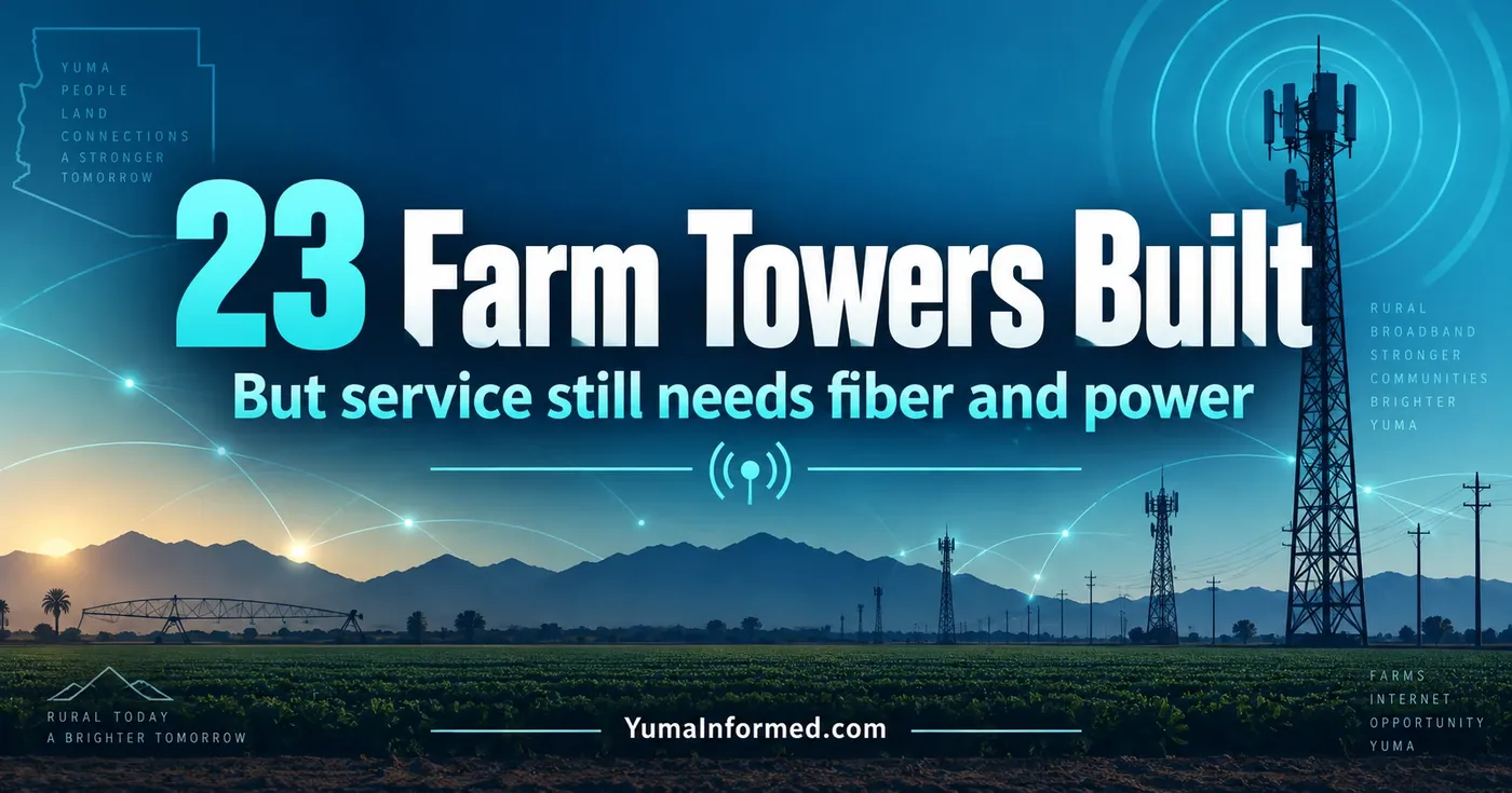 Blue technology graphic showing agricultural fields, wireless towers and network signals, with the headline 23 Farm Towers Built.
