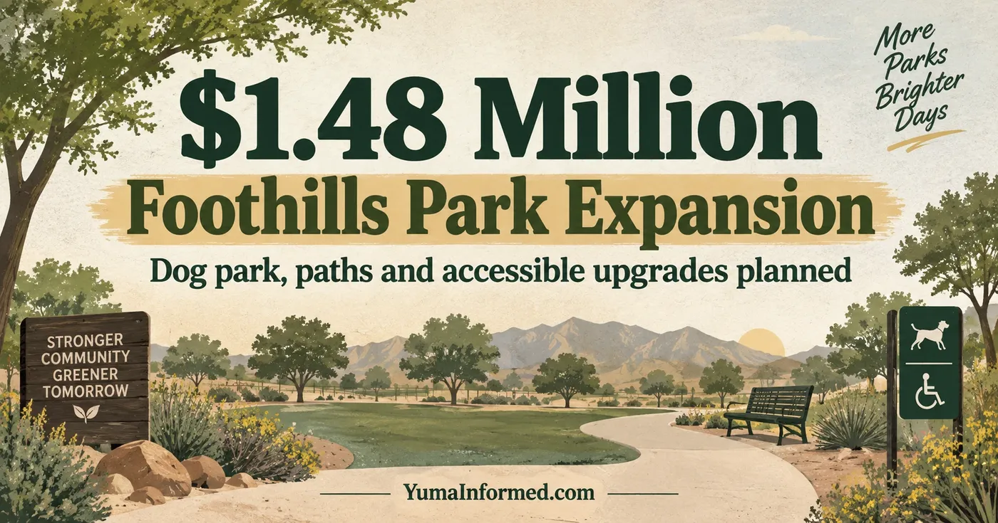 Illustrated desert park with trees, walking paths and accessibility signage beneath a $1.48 Million Foothills Park Expansion headline. 
