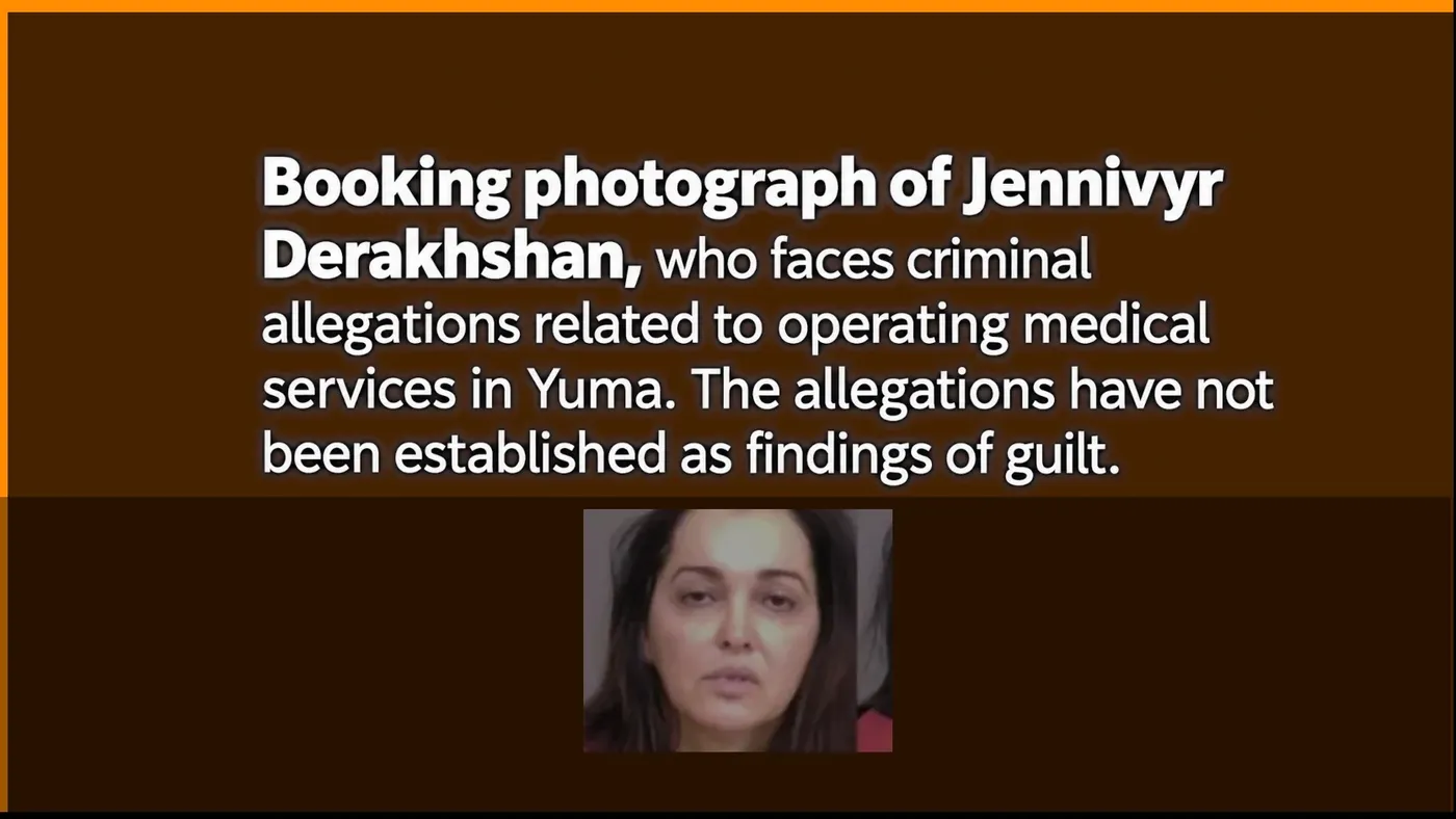 Editorial graphic showing a portrait labeled Jennivyr Derakhshan beneath text describing medical-practice allegations and stating that they are not findings of guilt.