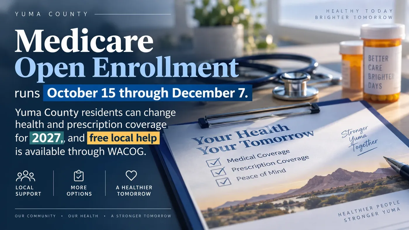 Blue Medicare enrollment graphic with a stethoscope, prescription bottles and the October 15 through December 7 enrollment dates.
