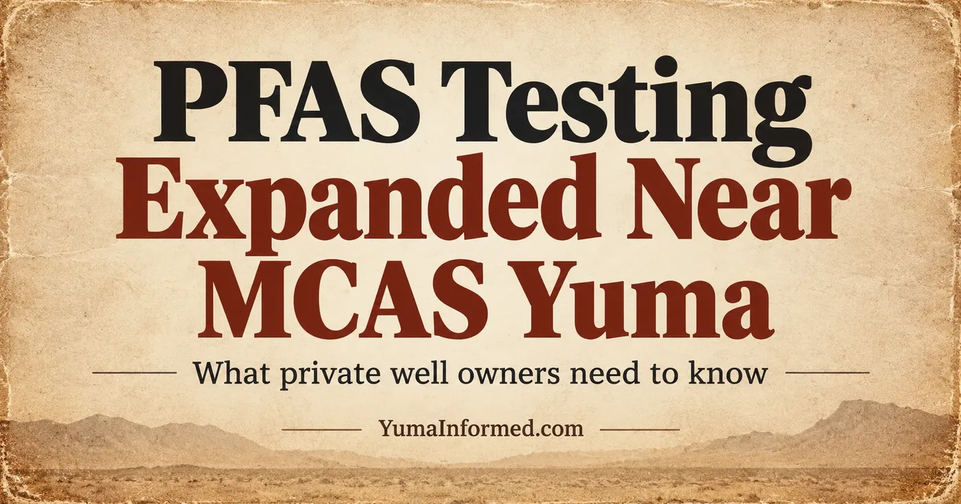 Vintage parchment graphic announcing expanded PFAS testing near MCAS Yuma, with rust-colored typography and a desert landscape.