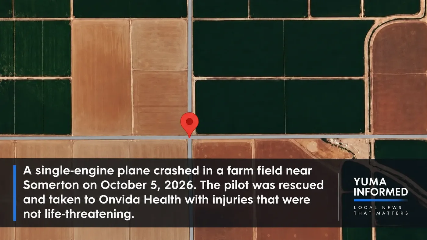 Aerial-style illustration of agricultural fields near Somerton, Arizona, with a red map pin and text describing the October 5, 2026, aircraft crash.