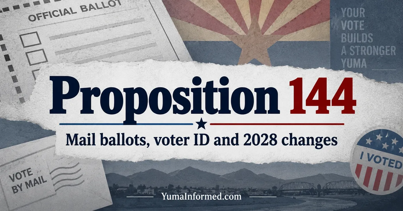 Proposition 144 Alt text: Arizona ballot-themed graphic reading Proposition 144, featuring mail-ballot imagery, voter ID references and proposed changes beginning in 2028.