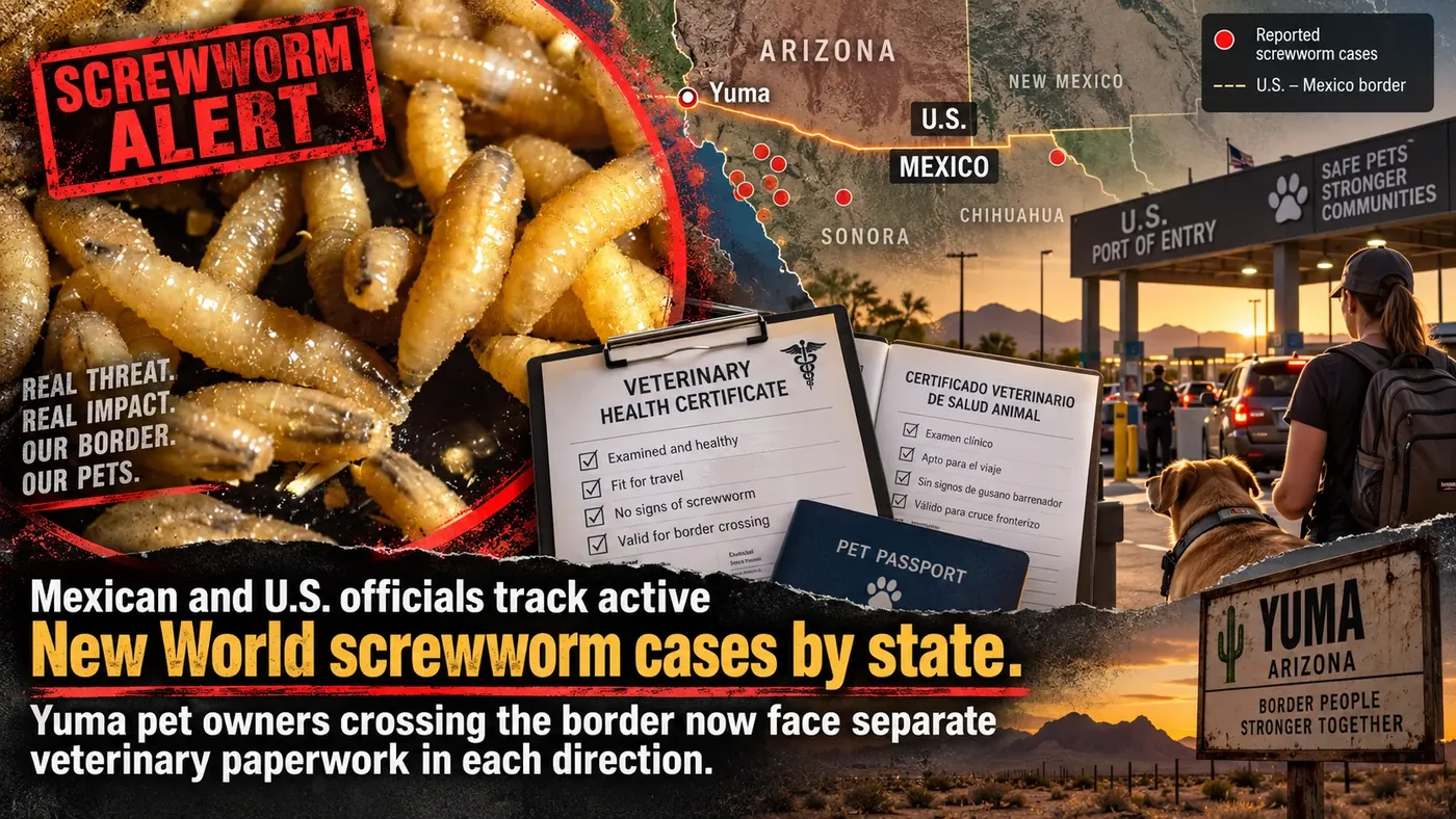 Illustrated screwworm alert showing larvae, an Arizona-Sonora border map, veterinary paperwork and a traveler with a dog at a border crossing.