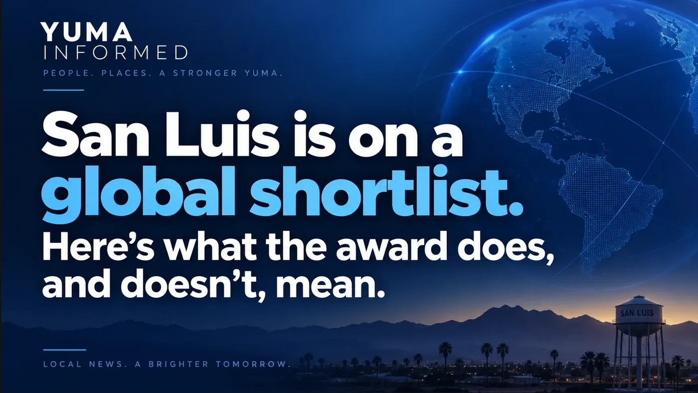 Blue Yuma Informed graphic announcing San Luis's global school award shortlist, with a digital globe and city skyline.