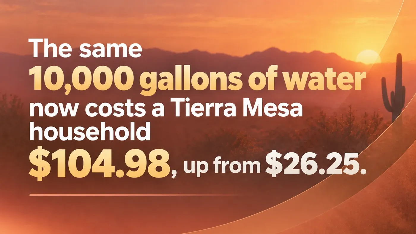 Orange desert-themed graphic comparing Tierra Mesa's monthly water charges of $26.25 and $104.98 for 10,000 gallons.