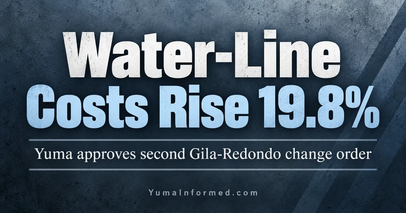 Blue industrial-texture graphic announcing a 19.8% increase in Yuma's Gila-Redondo water-line contract costs.