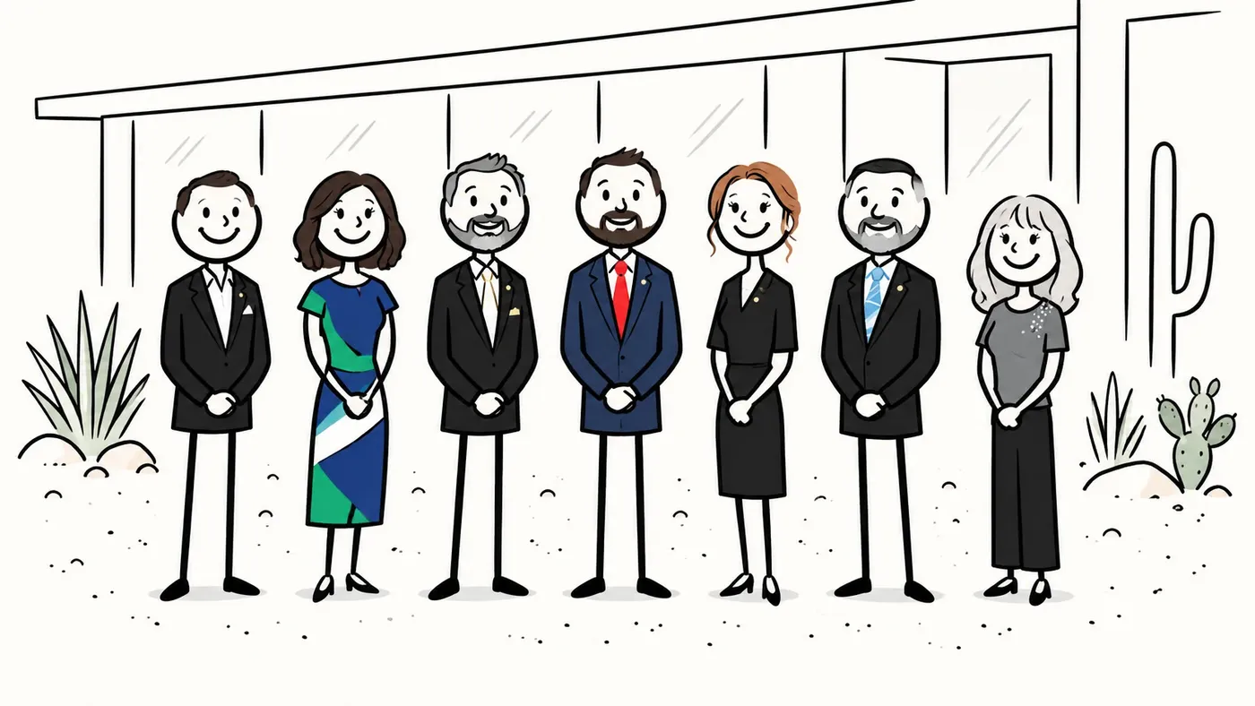Minimalist stick-figure illustration of seven people standing outside a building, wearing suits and dresses, with simple desert landscaping and cacti in the background.