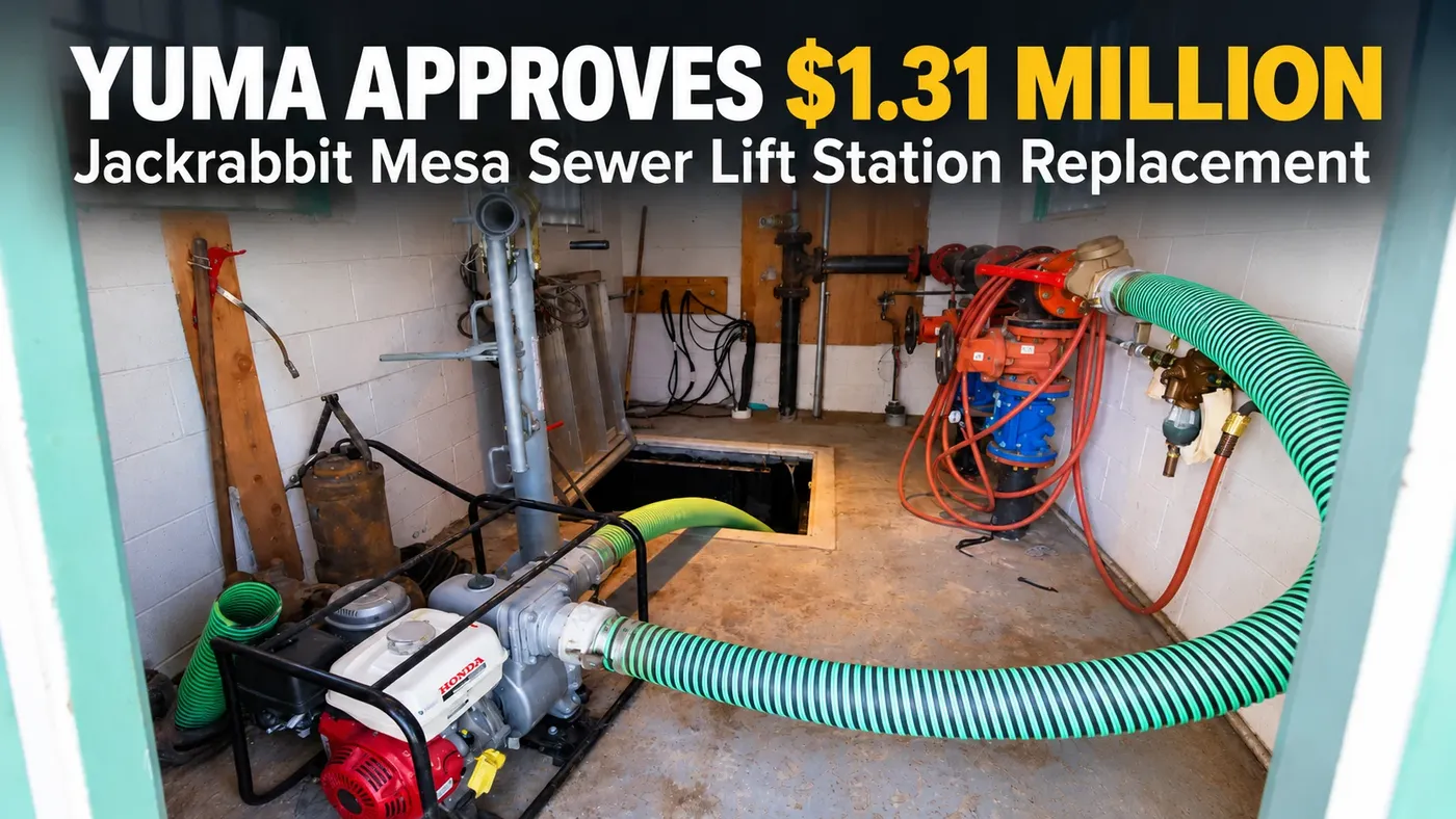 News graphic announcing Yuma's $1.31 million Jackrabbit Mesa sewer lift station replacement, featuring wastewater pumping equipment, pipes, valves and large green hoses.