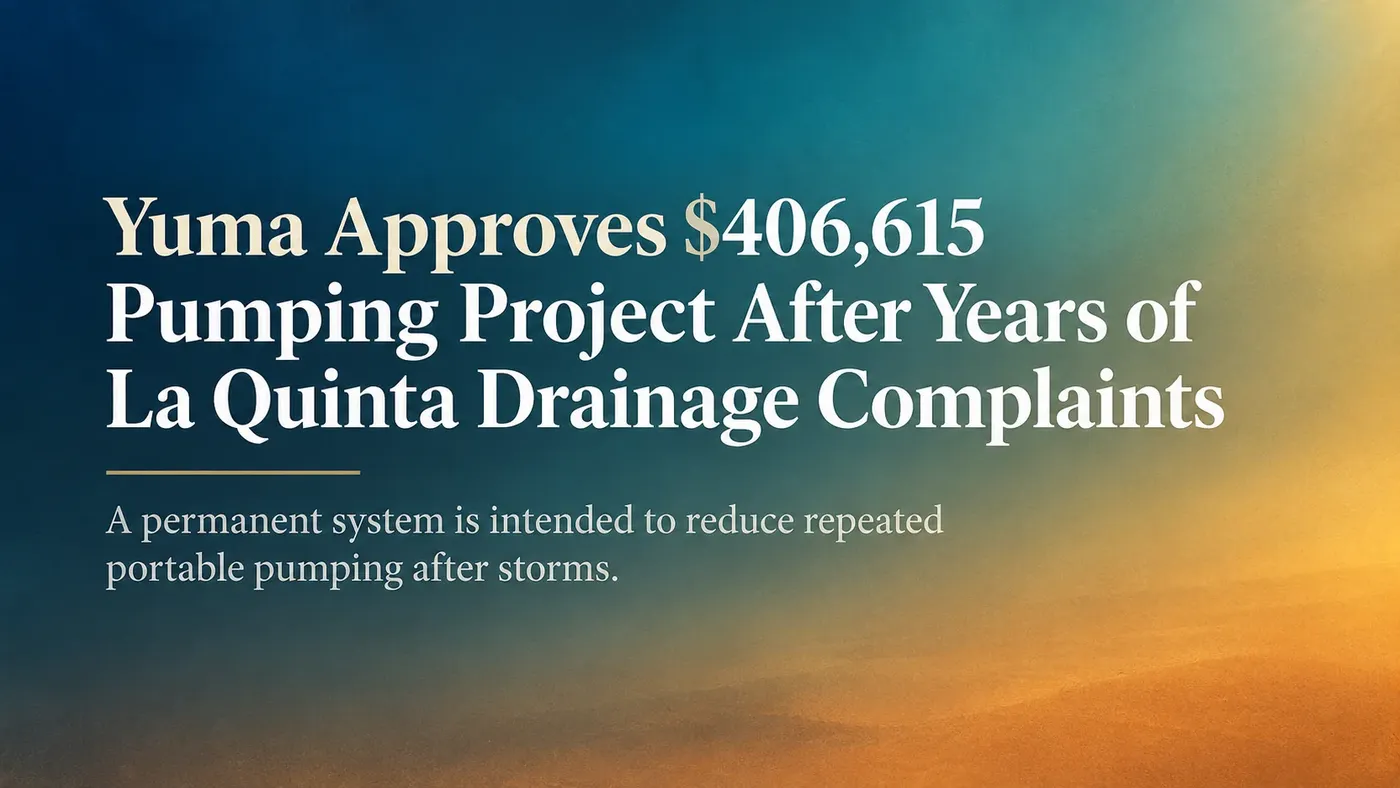 Blue, teal and golden desert-inspired gradient background featuring the headline about Yuma's $406,615 pumping project to address longstanding La Quinta basin drainage problems.