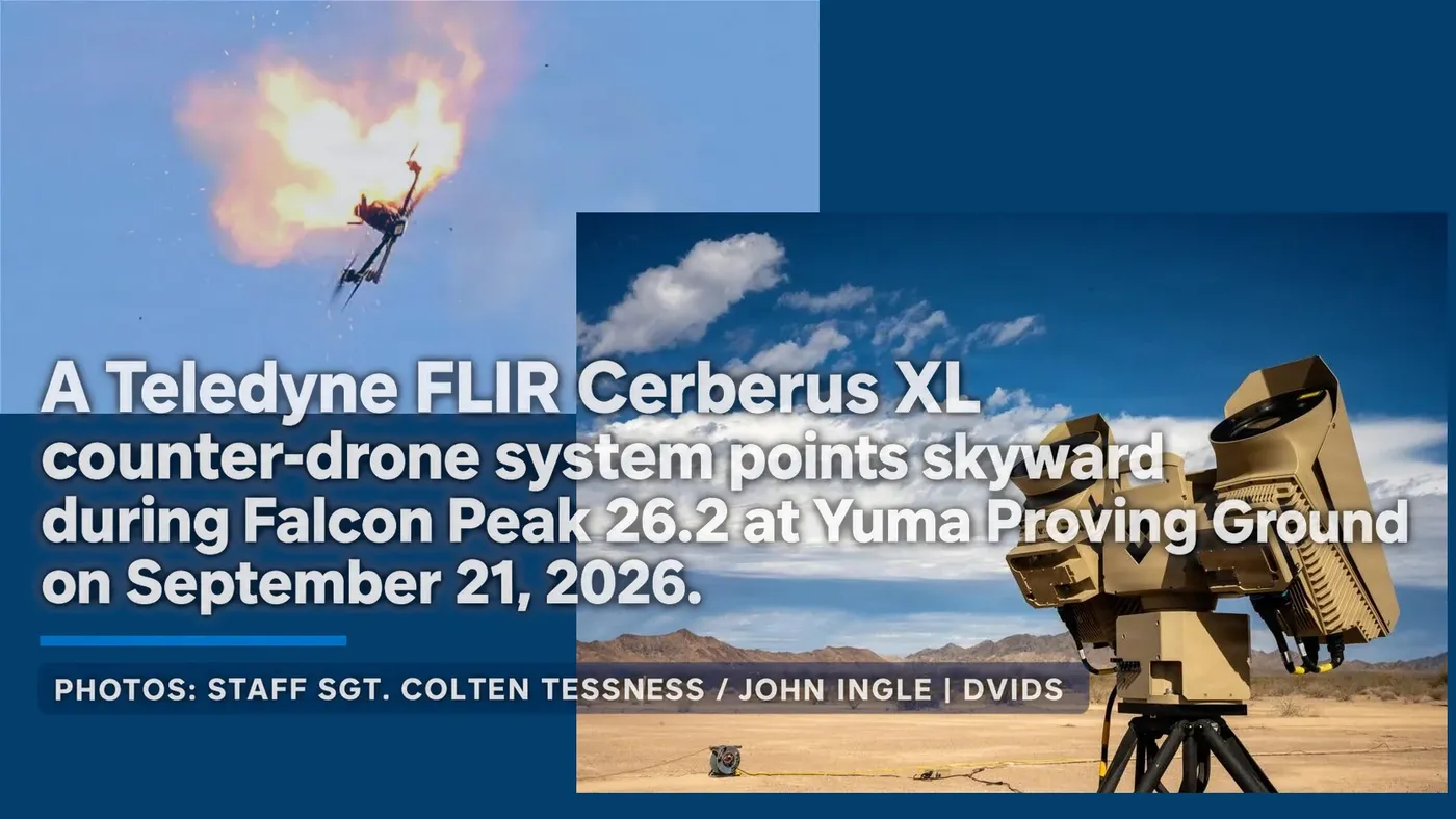 A drone explodes in midair during counter-drone testing at Yuma Proving Ground, alongside a Teledyne FLIR Cerberus XL detection system positioned in the Arizona desert.