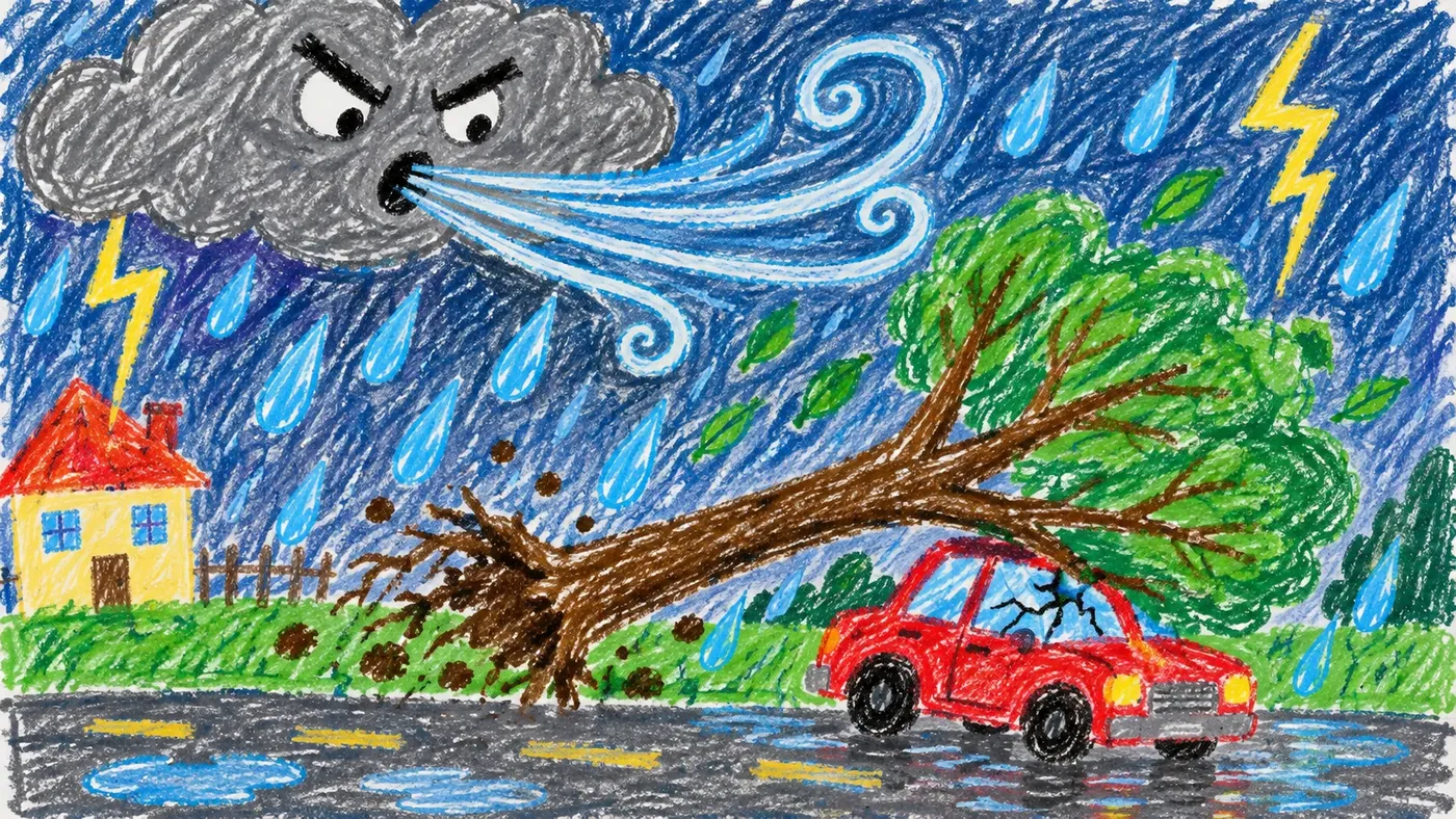 Childlike crayon drawing of a storm cloud blowing strong wind as rain falls and an uprooted tree crashes onto a red car.