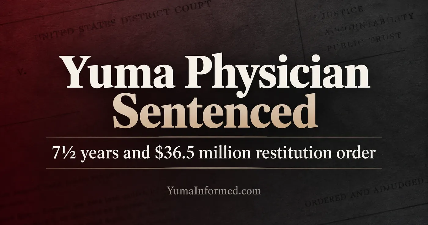 Dark burgundy and charcoal legal-document graphic announcing a Yuma physician's sentence of 7½ years and $36.5 million in restitution.