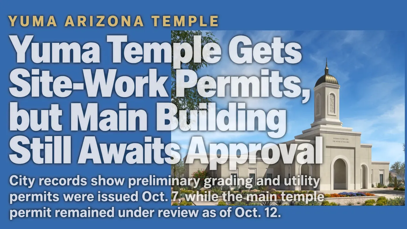 Architectural rendering of the proposed Yuma Arizona Temple, showing its central tower, arched entrance and desert landscaping.